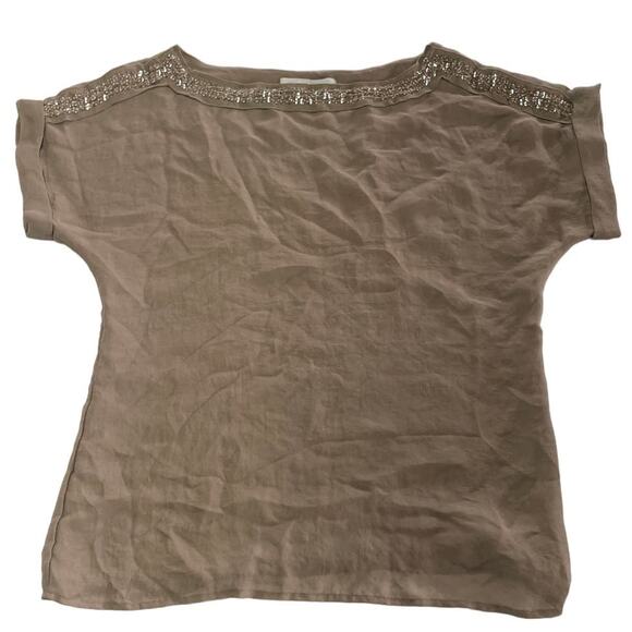 Ann Taylor LOFT Top Womens Small Brown Green Beaded Blouse Preppy - Picture 1 of 7